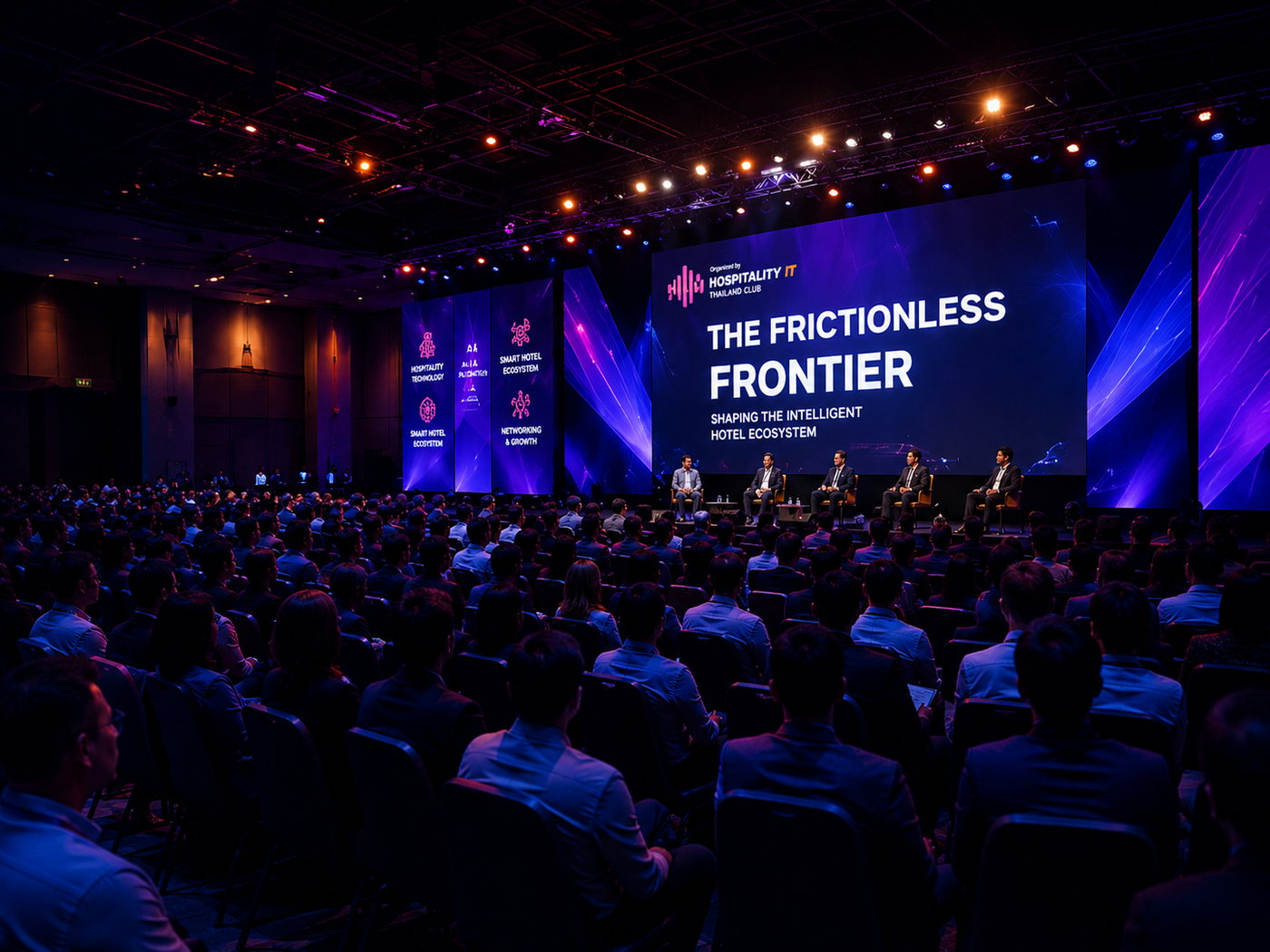 Conference hall with LED stage screens and a seated audience